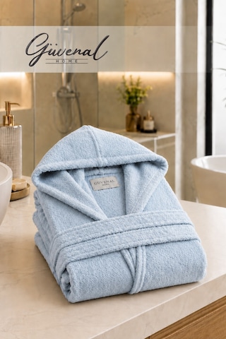 Vibe Kapüşonlu Pamuklu Unisex Bornoz Genç Bornozu Erkek Havlu Bornoz Kadın Havlu Bornoz Sabahlık - 1 Adet Mavi