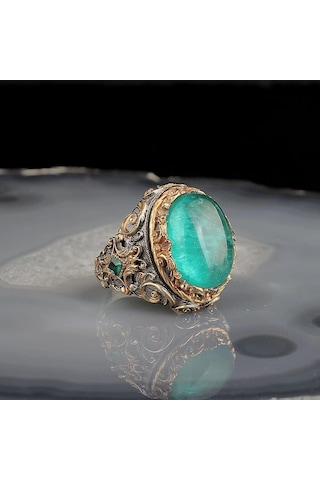 Paraiba Yapay Taşlı Gümüş Yüzük, Rodaj Kaplama Gümüş Yüzük, 925 Ayar Gümüş Yüzük, Stacking Yüzük, Yeşil Gümüş
