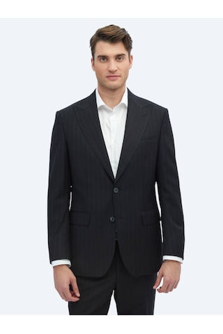 Kip Siyah Çizgili Modern Fit Yün Karışımlı Takım Elbise Siyah