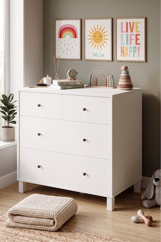 Yurudesign Noren Geniş Şifonyer 4 Çekmeceli Ahşap Ayaklı Bebek Ve Çocuk Odası Beyaz Nr4-w