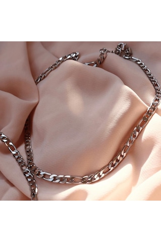Saat Farkı Silver Figaro Model Çelik Unisex Kolye Ve Bileklik Set 2,5mm Silver