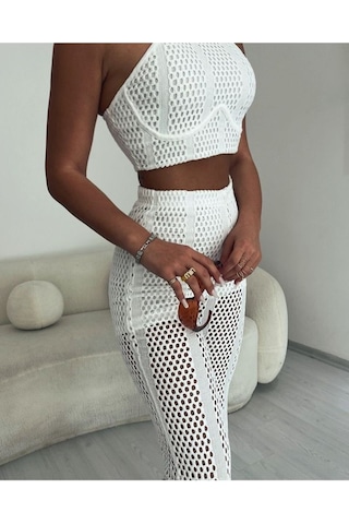 Fashion Cocktail Kısa Astarlı Fileli Lastik Bel Dar Kombin Modern Pantolon Beyaz