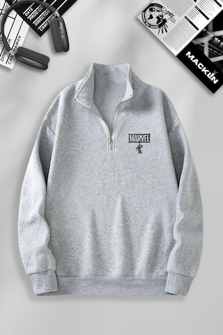 Macklin Unisex Kadın Erkek Marvel Spiderman Baskılı Yarım Fermuarlı Dik Yaka Basic Sweatshirt Gri Mck0610 Gri