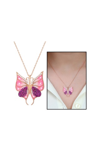 Modahilye 925 Ayar Gümüş Pembe Kelebek Zirkon Taşlı Rozegold Kadın Kolye Rose Gold