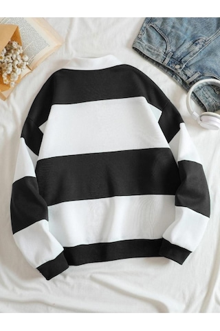 Altamira Unisex Çizgili Oversize Polo Yaka Yarım Fermuarlı Sweatshirt 001