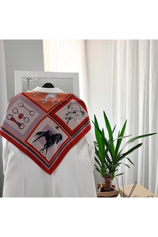 Lente Aksesuar Kadın Premium Desenli Boyun Çanta Ve Saç Fuları 70x70 Cm Kırmızı Atlı