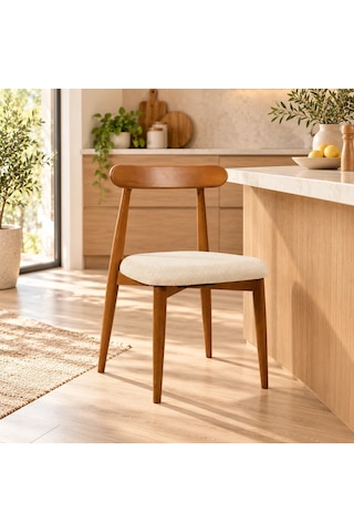 Ganni Home Oslo Sandalye Tekli Krem Ceviz Gürgen İskeletli, Kolay Silinebilir Kumaşlı Modern Yemek Sandalyesi Krem-ceviz