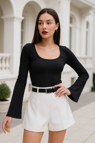 Rich Kadın Siyah Soft Touch Fitilli Çan Kollu Bluz Siyah