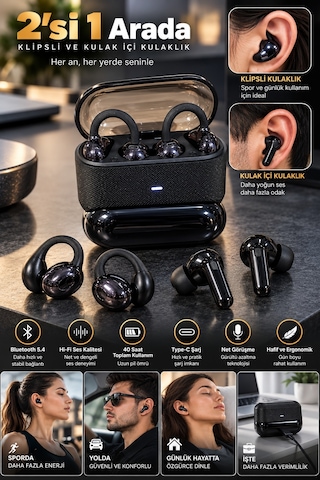 Kablosuz Bluetooth Kulaklık 2 Si 1 Arada Klipsli Kulak İçi 4 Lü Siyah Akyı-374250