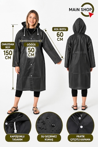 Mainshop Unisex Yağmurluk Kapüşonlu Çıtçıtlı Su Geçirmez Uzun Yağmurluk Kadın Erkek Siyah