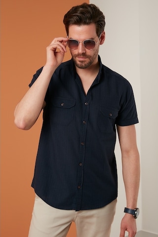 Buratti Düğmeli Yaka Pamuklu Slim Fit Cepli Erkek Gömlek Cf21S111153 Lacivert