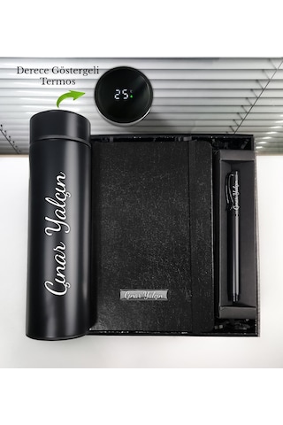 Kişiye Özel Dereceli Termos & İsme Özel Siyah Defter & İsme Özel Roller Kalem Hediye Seti