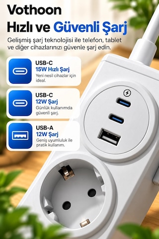 4 Lü Akıllı Priz Tek Dokunuşla Fiş Çıkarma 2 Metre Kablo 2 Type-c + Usb 15w Hızlı Şarj 3680w Krem 1