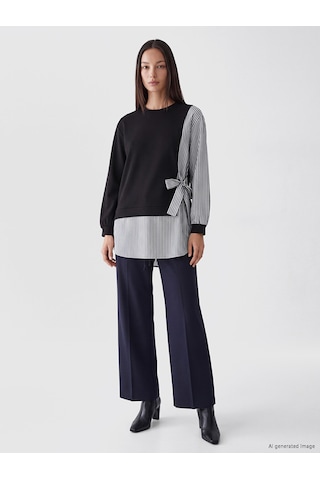 LC Waikiki Lc Waıkıkı Siyah Çizgili Kadın Sweatshirt Tunik