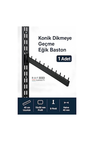 1 Adet - Konik Dikmeye Geçme Eğimli Baston Askı 40 Cm - Mağaza Raf Askılık Aparatı Siyah