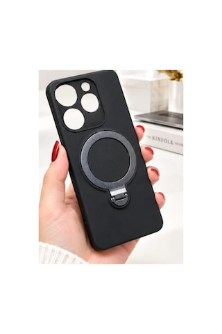 İnfinix Spark 10 Pro İle Uyumlu 360 Derece Dönebilen Kalın Metal Magsafe Halka Stantlı İçi Kadife Korumalı Ultra Lüx Premium Silikon Kılıf Siyah