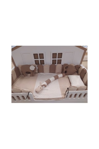 Montessori Uyku Seti 100 200 Cm, Çift Yönlü, Nevresim 155 215 Cm, Lastikli Çarşaf Kahverengi Bej