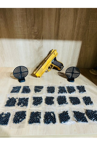 Gold Renk Boncuklu Oyuncak Tabanca 1 Adet + 2 Adet Hedef 9 Cm Siyah + 21 Paket Boncuk Karışık