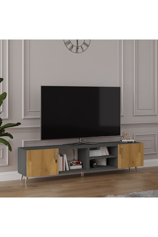 Asra Trend Tv Ünitesi T-13 %100 MDF 180 cm Tv Sehpası Dolaplı Raflı Petra-Koyu Gri