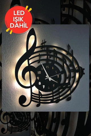 Led Işıklı Ahşap Müzik Duvar Saati Sessiz Dekoratif Modern Siyah