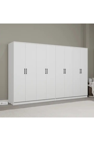 Kardelen Serisi Mat Beyaz 8 Kapaklı 10 Raflı 280 Cm Elbise Dolabı - Gardırop Seti Beyaz