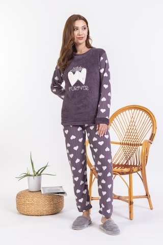 Yeni Sezon Sonbahar/kış Kadın Welsoft Polar Yuvarlak Yaka Kalp Desenli Kalın Pijama Takımı 30008-mürdüm Mürdüm