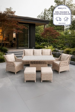 Niron Grand 3'lü Rattan Alüminyum Bahçe Oturma Grubu - Cappucino Temperli Cam Set 3+1+1+puf Diğer