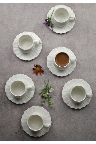 6'lı Porselen Türk Kahve Fincanı Beyaz- 12 Parça