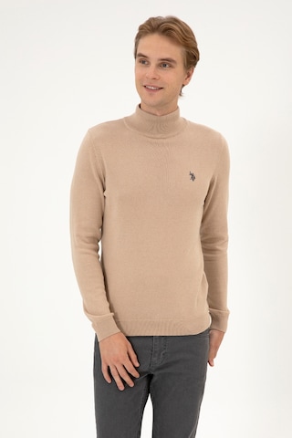U.S. Polo Assn. Erkek Slim Fit Boğazlı Kum Melanj Basic Kazak 50313712-VR123