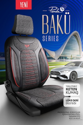 Füme - Kırmızı Panda Bakü Serısı Keten Kumaş Oto Koltuk Kılıfı - Tam Set