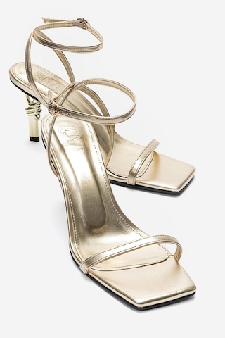 Luvishoes Sone Altın Cilt Gold Topuklu İnce Bantlı Kadın Topuklu Ayakkabı