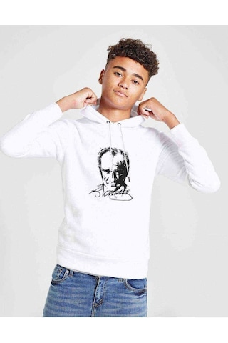 Atatürk 23 Nisan Baskılı Unisex Çocuk Kapüşonlu Beyaz Sweatshirt Beyaz