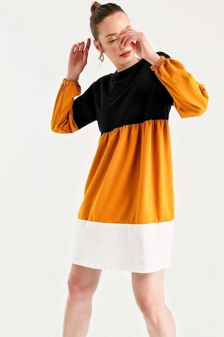 Gabria Kadın Büzgülü Renkli Elbise Siyah-Hardal Hardal - Siyah