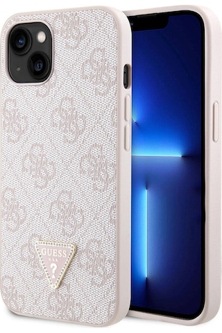 Apple Uyumlu iPhone 14 Kılıf Guess Lisanslı Pu Deri Taşlı Üçgen Logo 4g Desenli Kapak Pembe