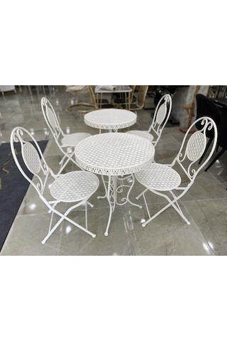 Ferforje Katlanır 1 Masa 4 Sandalye Balkon Takımı Beyaz 60cm Beyaz