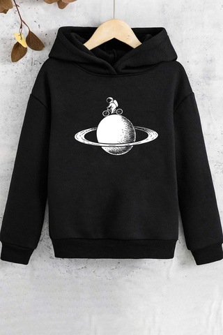 Çocuk Astronaut Rides Baskılı Sweatshirt Siyah
