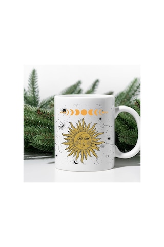 Mistik Tarot Güneş Ve Ay Tasarımlı Porselen Kupa Beyaz
