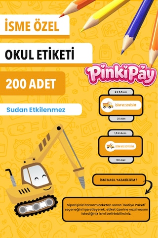 İsim Yazılabilir İş Makineleri Temalı Okul Etiketi Kalem & Defter İçin 200 Adet Sarı