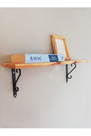 Siyah Ferforje Ayaklı, Ahşap Kitaplık Duvar Rafı 50x11cm