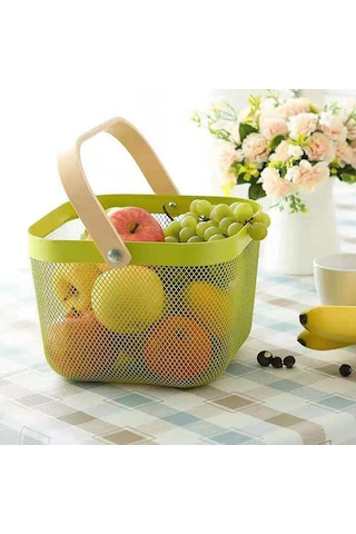 Sones Kare Ahşap Saplı Örgü Sepet Atıştırmalık Meyve Saklama Sepeti Mavi