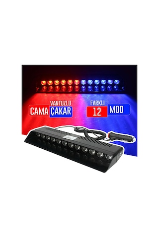 S12 Cam İçi Vantuzlu PolisLambası 12 Ledli Kırmızı Mavi Çakmaklık Girişli (00)