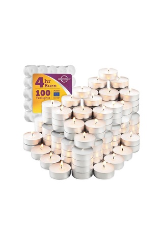 Beyaz Tealight Mumlar Toplu 100'lü Paket Parafin Preslenmiş Balmumu, Dumansız, Kokusuz, Damlatmaz, Uzun Ömürlü Y Çok Renkli