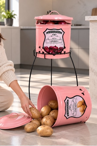 2 Katlı Pembe Metal Patates Soğanlık Kovası Çeyizlik Sebzelik Saklama Kabı - Pembe