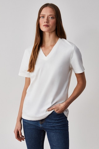 Grimelange Alıne Kadın %100 Organik Pamuk Derin V Yakalı Comfort Fit Beyaz T-shirt Beyaz