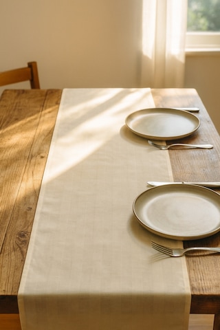 Krem Çizgili Pamuklu Şık Masa Runnerı 50x150 Cm Modern Ve Zarif Masa Örtüsü Runner Krem