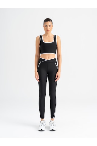 V-line Beyaz Biye Detaylı Siyah Spor Tayt Siyah