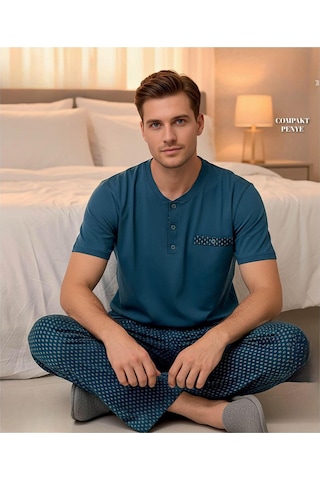 Arcan Erkek Düğme Yaka Kısa Kol Compact Penye Pijama Takımı 65130p - 1 Adet Petrol