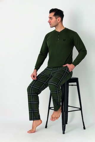 Estiva Erkek Kareli Alt Desenli Haki Uzun Kollu Patlı Penye Pijama Takımı Çok Renkli