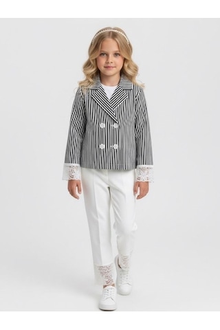 Zekids Kız Çocuk Lacivert Çizgili Kruvaze Dantel Detaylı Ceket-17155 Çok Renkli