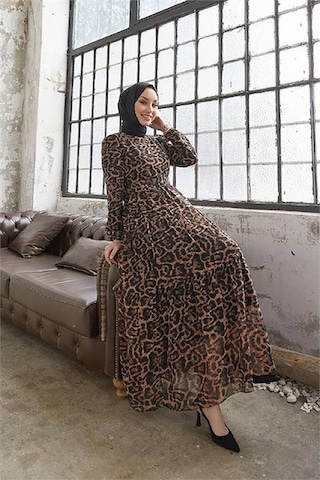 Neşeli Butik Kadın Leopar Desenli İthal Kumaş Tesettür Şifon Elbise Sms028 Siyah